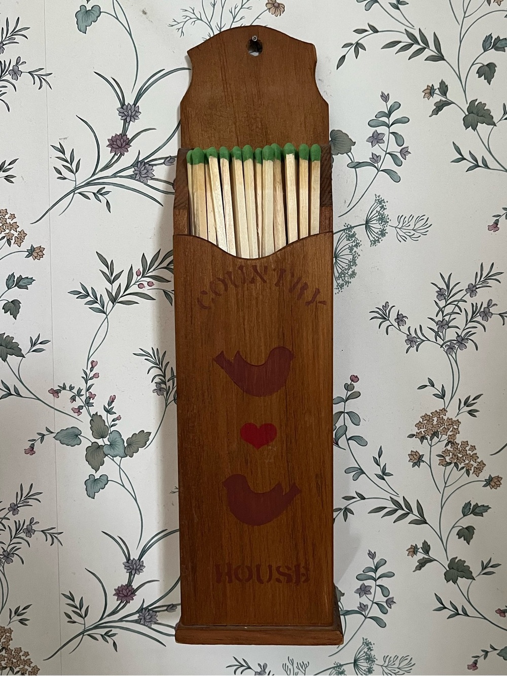 Vintage Brown Wooden Matchstick Holder with Green Match Tips
